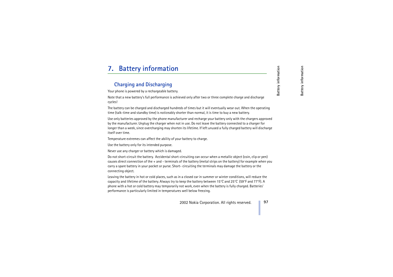 Battery information, Charging and discharging | Nokia 5210 User Manual | Page 97 / 106