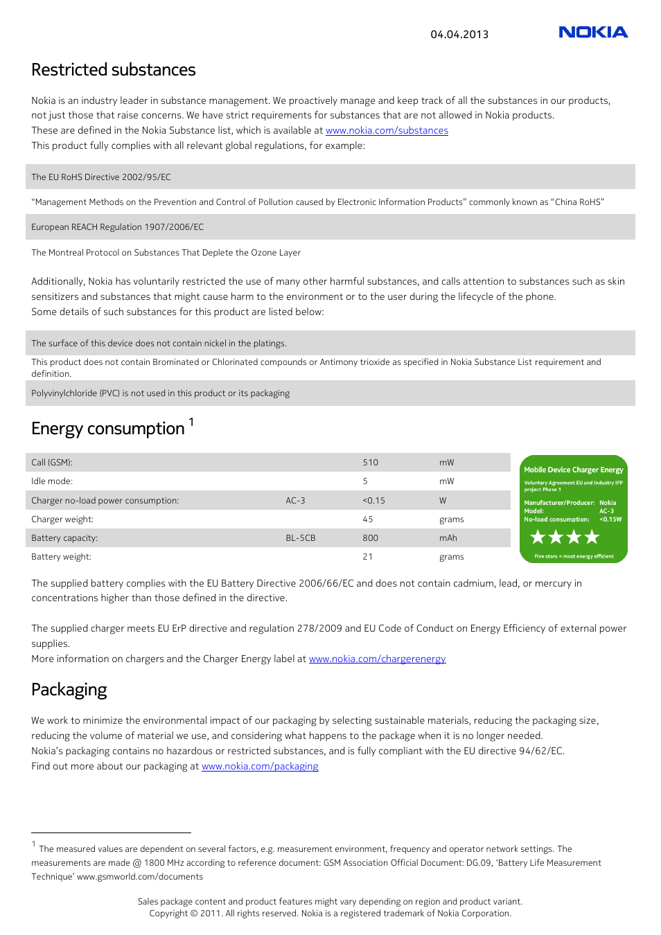 Restricted substances, Energy consumption, Packaging | Nokia 103 User Manual | Page 2 / 3