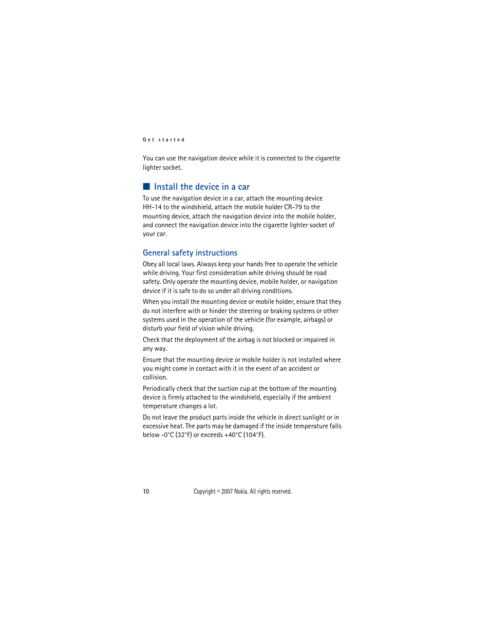 Install the device in a car, General safety instructions | Nokia 330 User Manual | Page 10 / 86