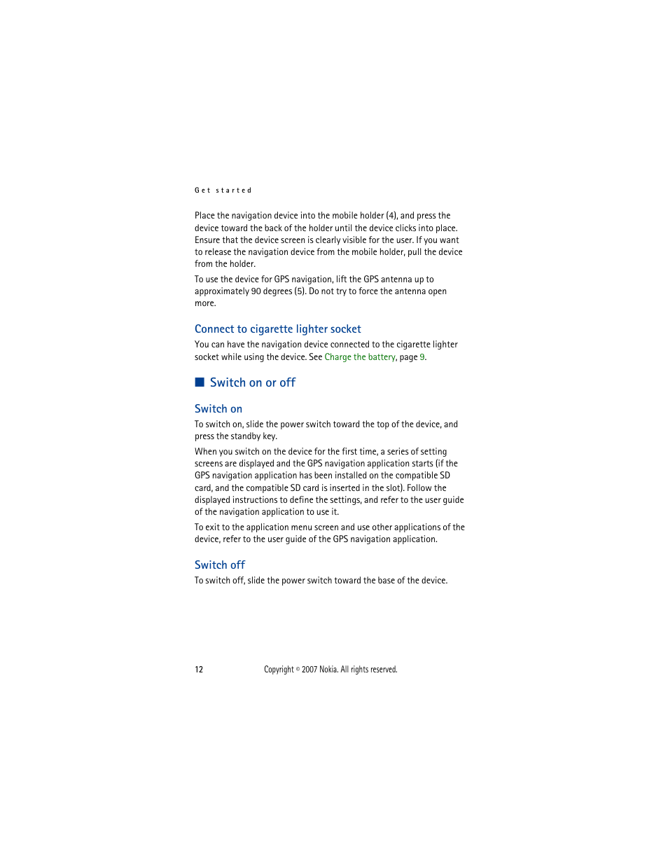 Switch on or off, Connect to cigarette lighter socket, Switch on switch off | Nokia 330 User Manual | Page 12 / 86