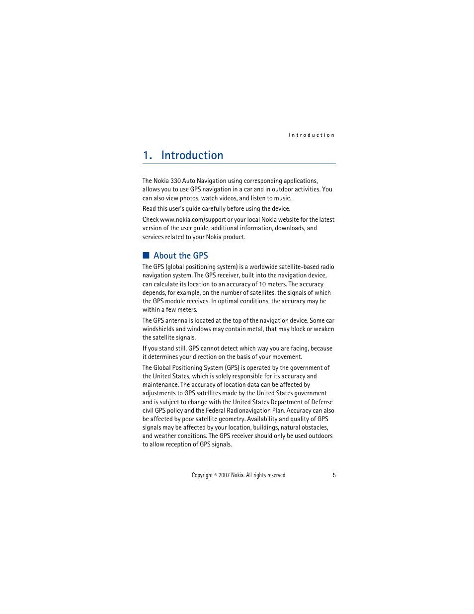 Introduction, About the gps | Nokia 330 User Manual | Page 5 / 86