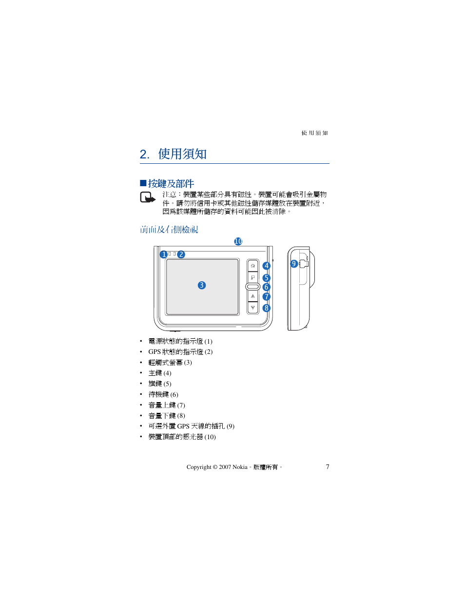 使用須知, 按鍵及部件, 前面及右側檢視 | Nokia 330 User Manual | Page 51 / 86