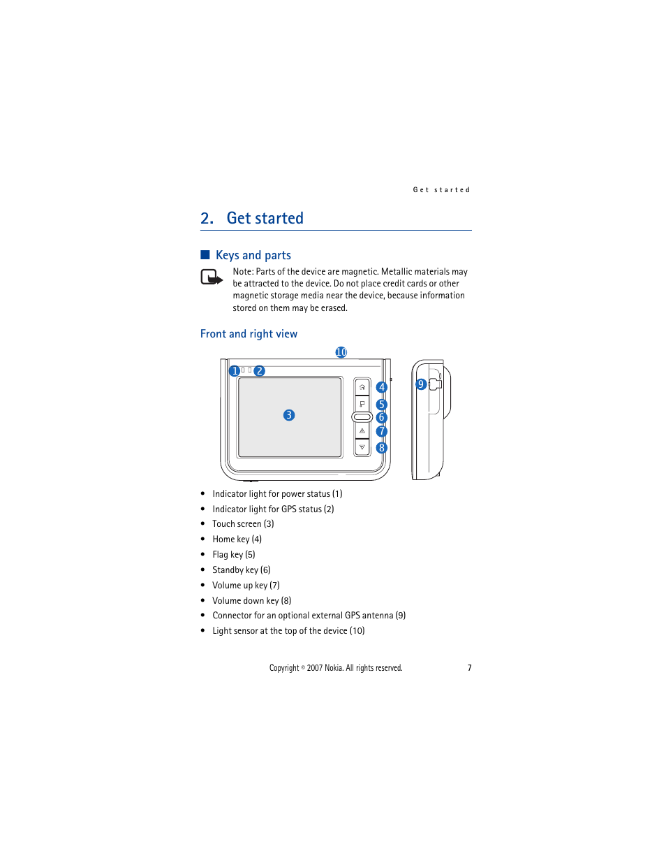 Get started, Keys and parts, Front and right view | Nokia 330 User Manual | Page 7 / 86