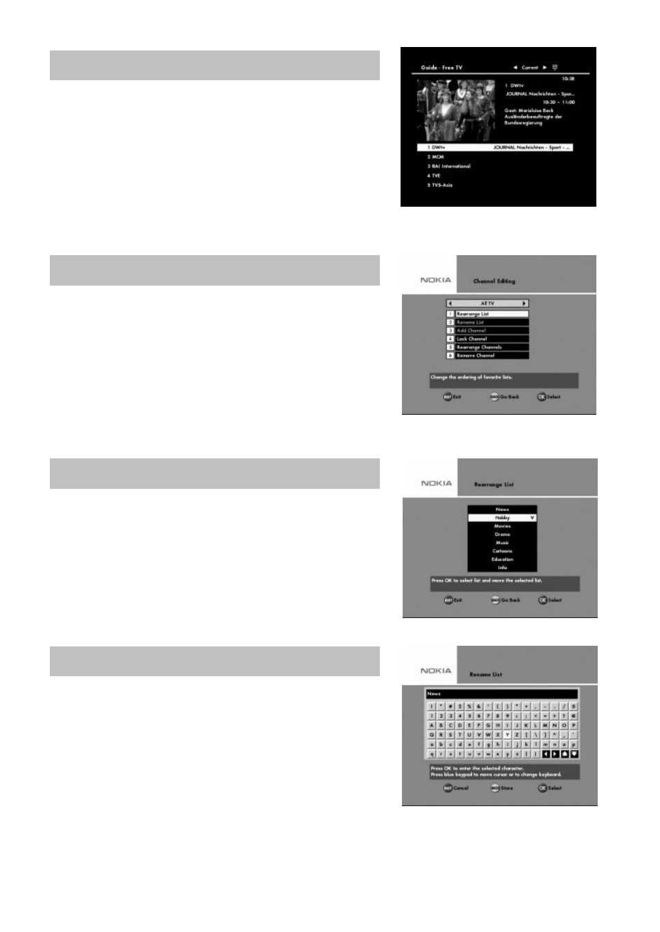 Tv guide and radio guide, Edit channels, Rename list | Rearrange list | Nokia MEDIAMASTER 9660S User Manual | Page 19 / 30