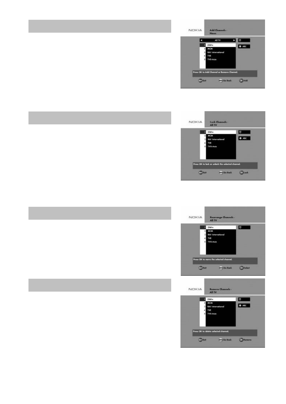 Add channels, Lock channels, Rearrange channels | Remove channels | Nokia MEDIAMASTER 9660S User Manual | Page 20 / 30