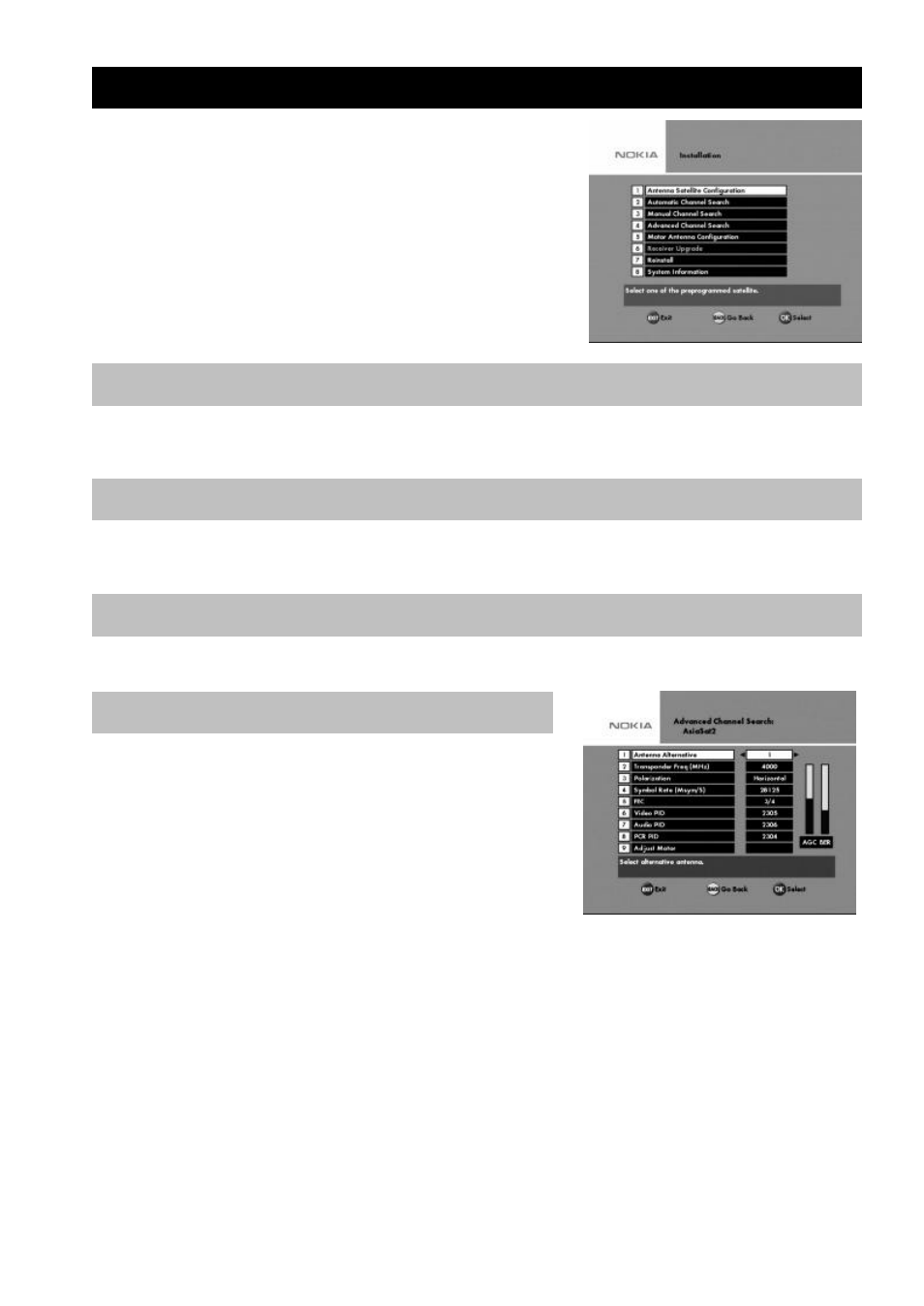 Installation submenus, Antenna satellite configuration, Automatic channel search | Manual channel search, Advanced channel search | Nokia MEDIAMASTER 9660S User Manual | Page 24 / 30