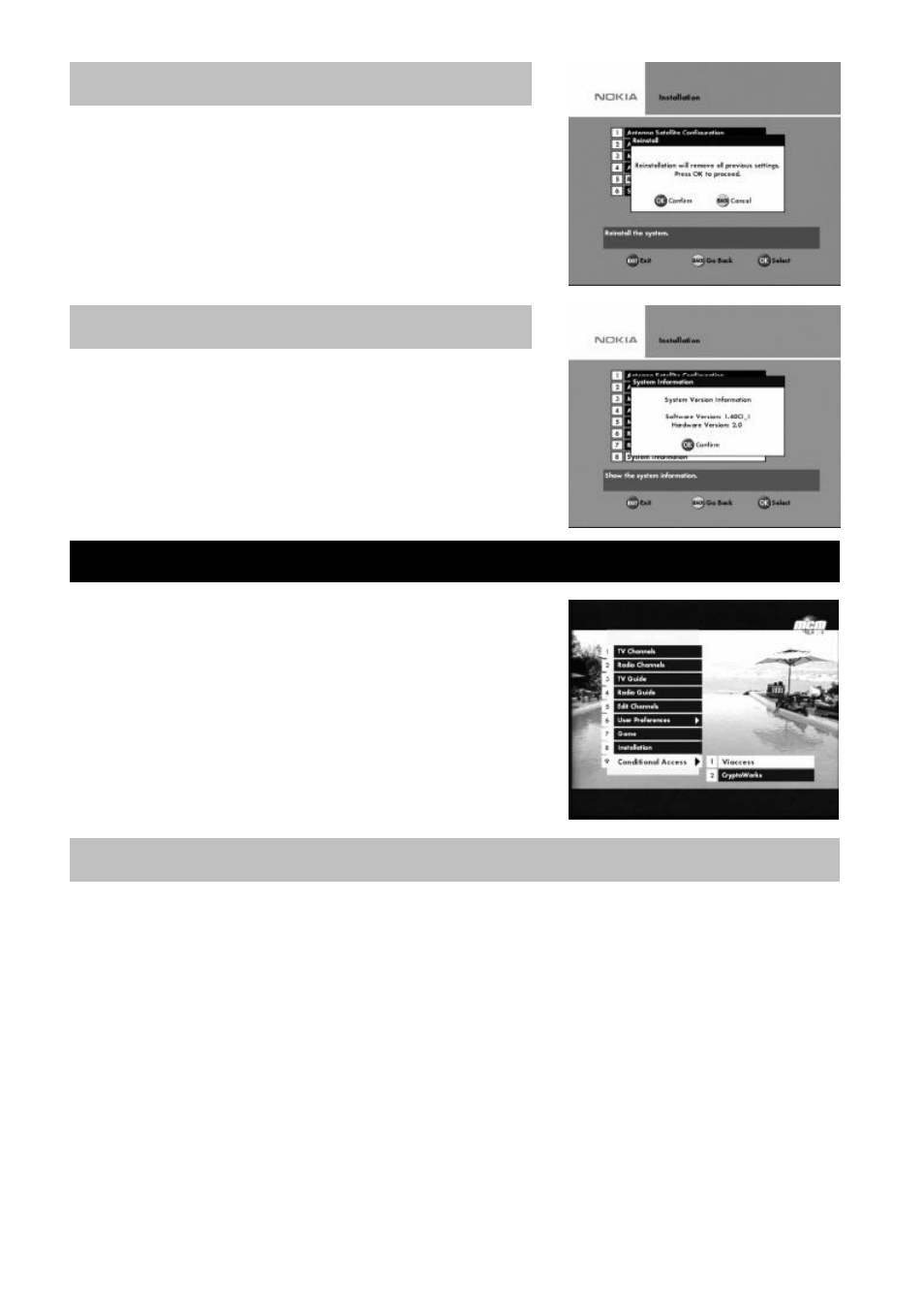 Reinstall, System information, Conditional access | About home transponder | Nokia MEDIAMASTER 9660S User Manual | Page 25 / 30