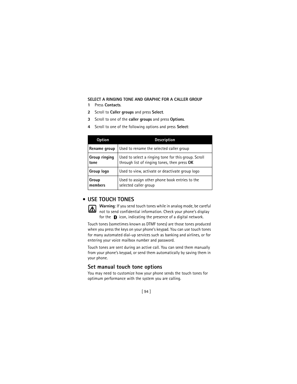 Use touch tones, Set manual touch tone options | Nokia 3586I User Manual | Page 103 / 177