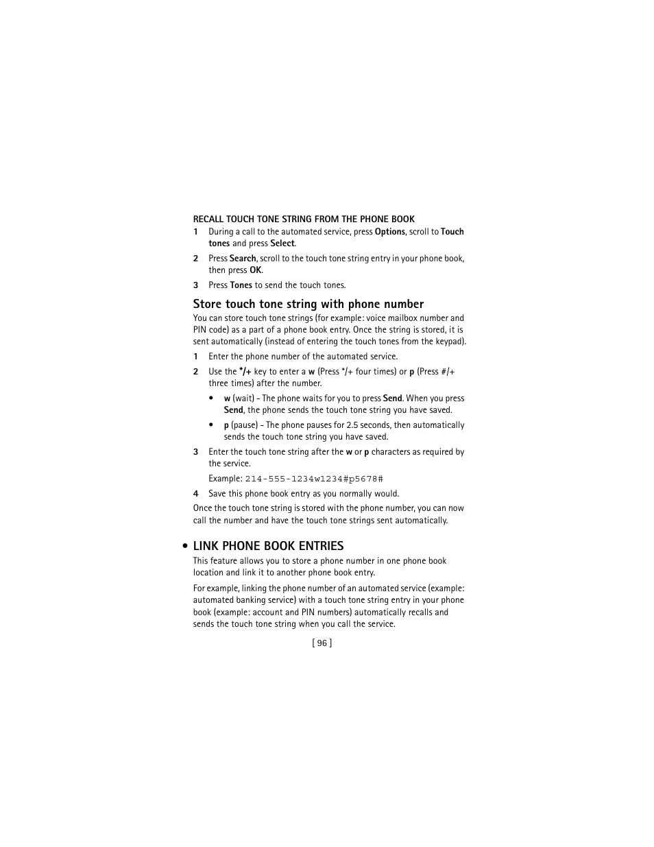 Link phone book entries, Store touch tone string with phone number | Nokia 3586I User Manual | Page 105 / 177