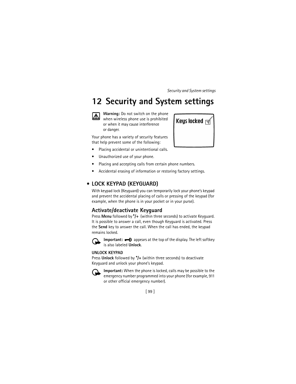 12 security and system settings, Lock keypad (keyguard) | Nokia 3586I User Manual | Page 108 / 177