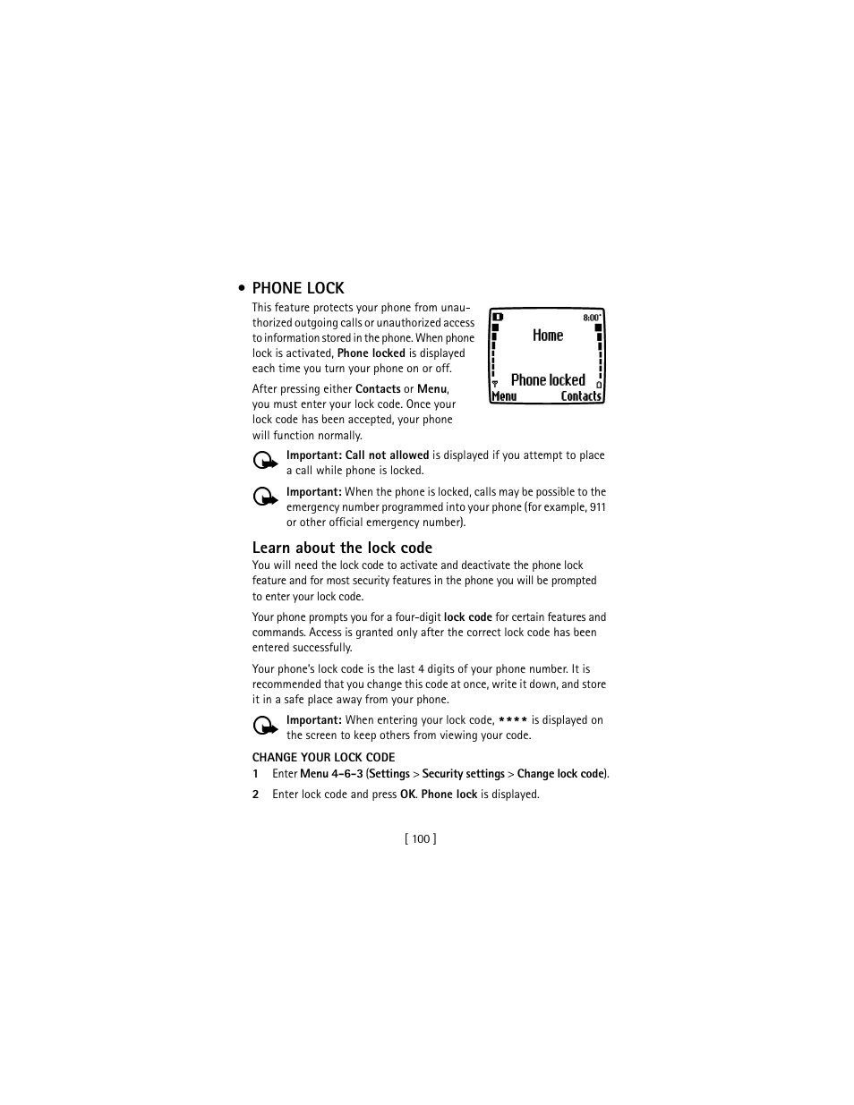 Phone lock, Learn about the lock code | Nokia 3586I User Manual | Page 109 / 177