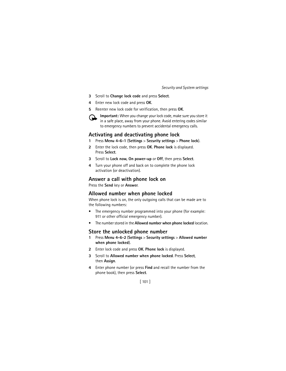 Activating and deactivating phone lock, Answer a call with phone lock on, Allowed number when phone locked | Store the unlocked phone number | Nokia 3586I User Manual | Page 110 / 177
