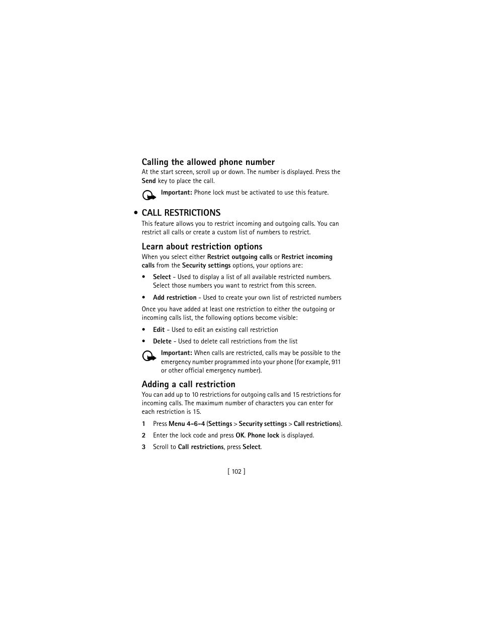 Call restrictions | Nokia 3586I User Manual | Page 111 / 177