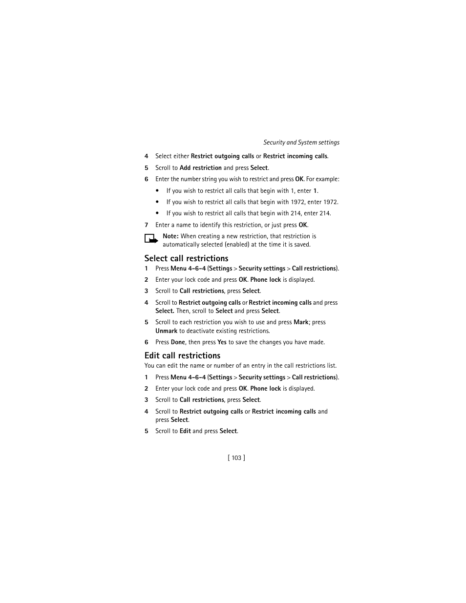 Select call restrictions, Edit call restrictions | Nokia 3586I User Manual | Page 112 / 177
