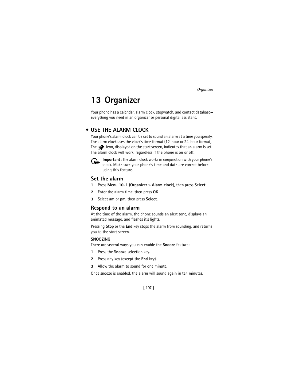 13 organizer, Use the alarm clock | Nokia 3586I User Manual | Page 116 / 177