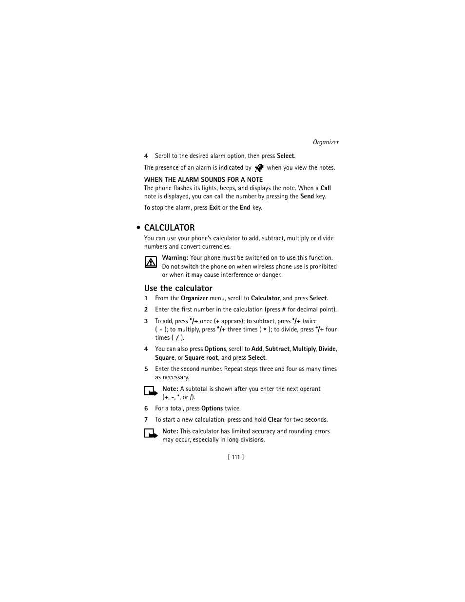 Calculator, Use the calculator | Nokia 3586I User Manual | Page 120 / 177