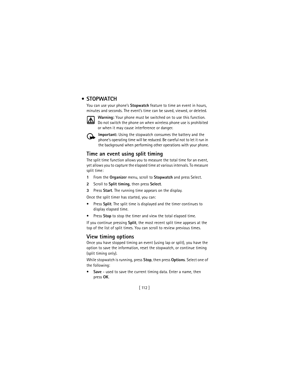 Stopwatch, Time an event using split timing, View timing options | Nokia 3586I User Manual | Page 121 / 177