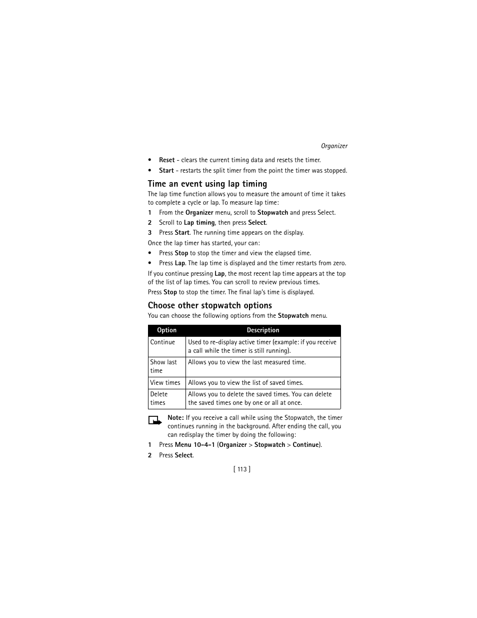 Time an event using lap timing, Choose other stopwatch options | Nokia 3586I User Manual | Page 122 / 177