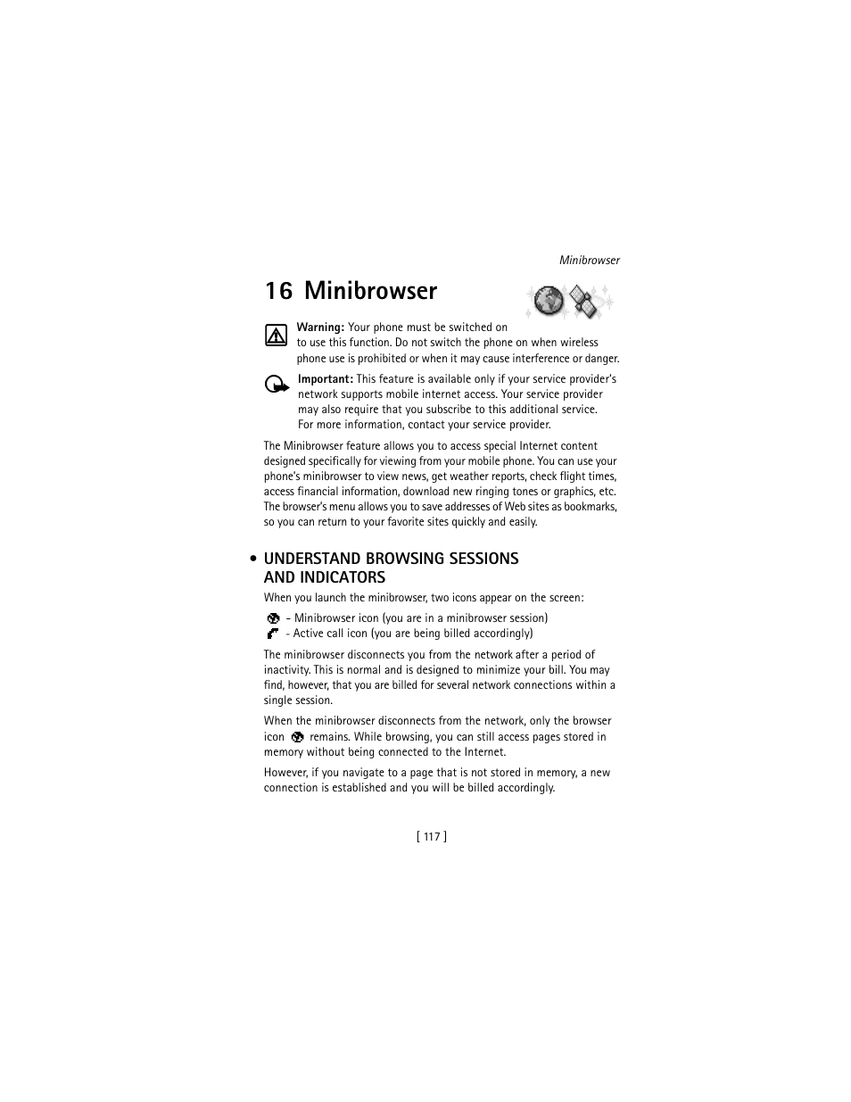 16 minibrowser, Understand browsing sessions and indicators | Nokia 3586I User Manual | Page 126 / 177