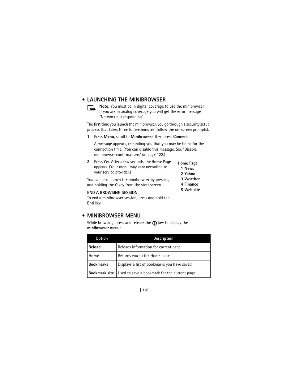 Launching the minibrowser, Minibrowser menu, Launching the minibrowser minibrowser menu | Nokia 3586I User Manual | Page 127 / 177