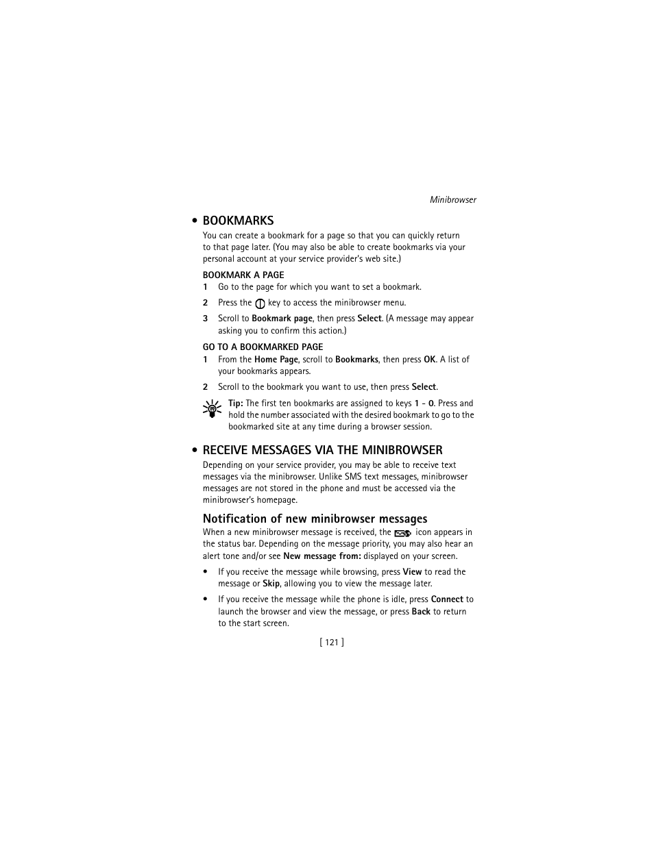 Bookmarks, Receive messages via the minibrowser, Bookmarks receive messages via the minibrowser | Notification of new minibrowser messages | Nokia 3586I User Manual | Page 130 / 177