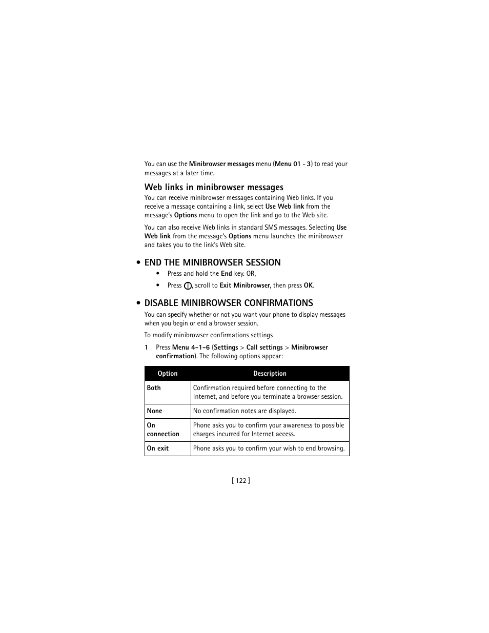 End the minibrowser session, Disable minibrowser confirmations, Web links in minibrowser messages | Nokia 3586I User Manual | Page 131 / 177