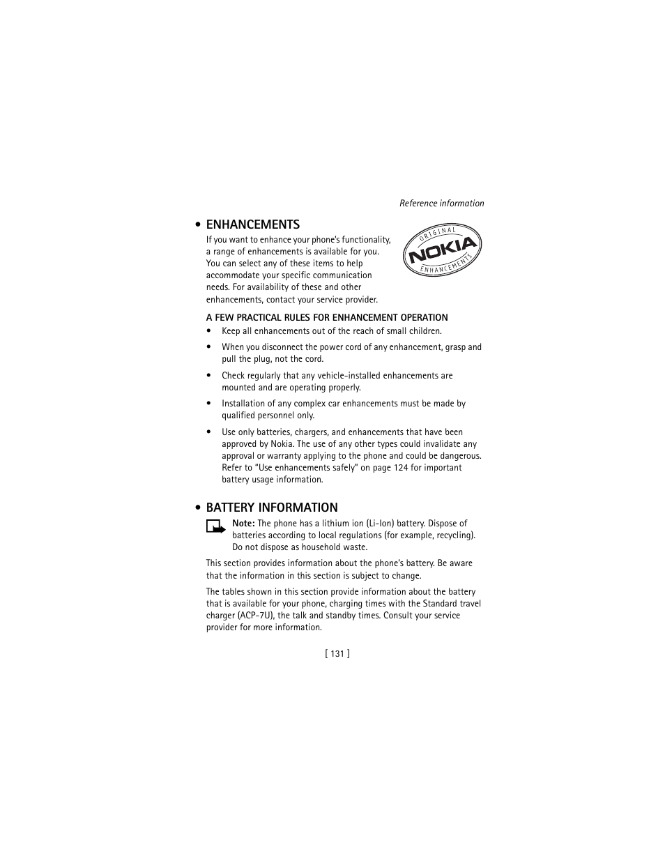 Enhancements, Battery information, Enhancements battery information | Nokia 3586I User Manual | Page 140 / 177