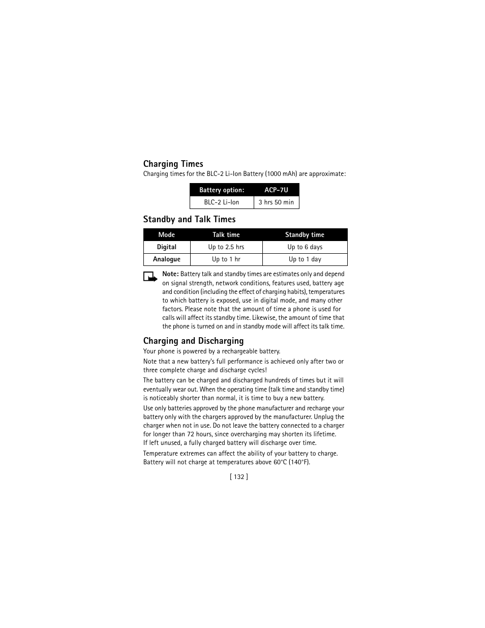 Charging times, Standby and talk times, Charging and discharging | Nokia 3586I User Manual | Page 141 / 177