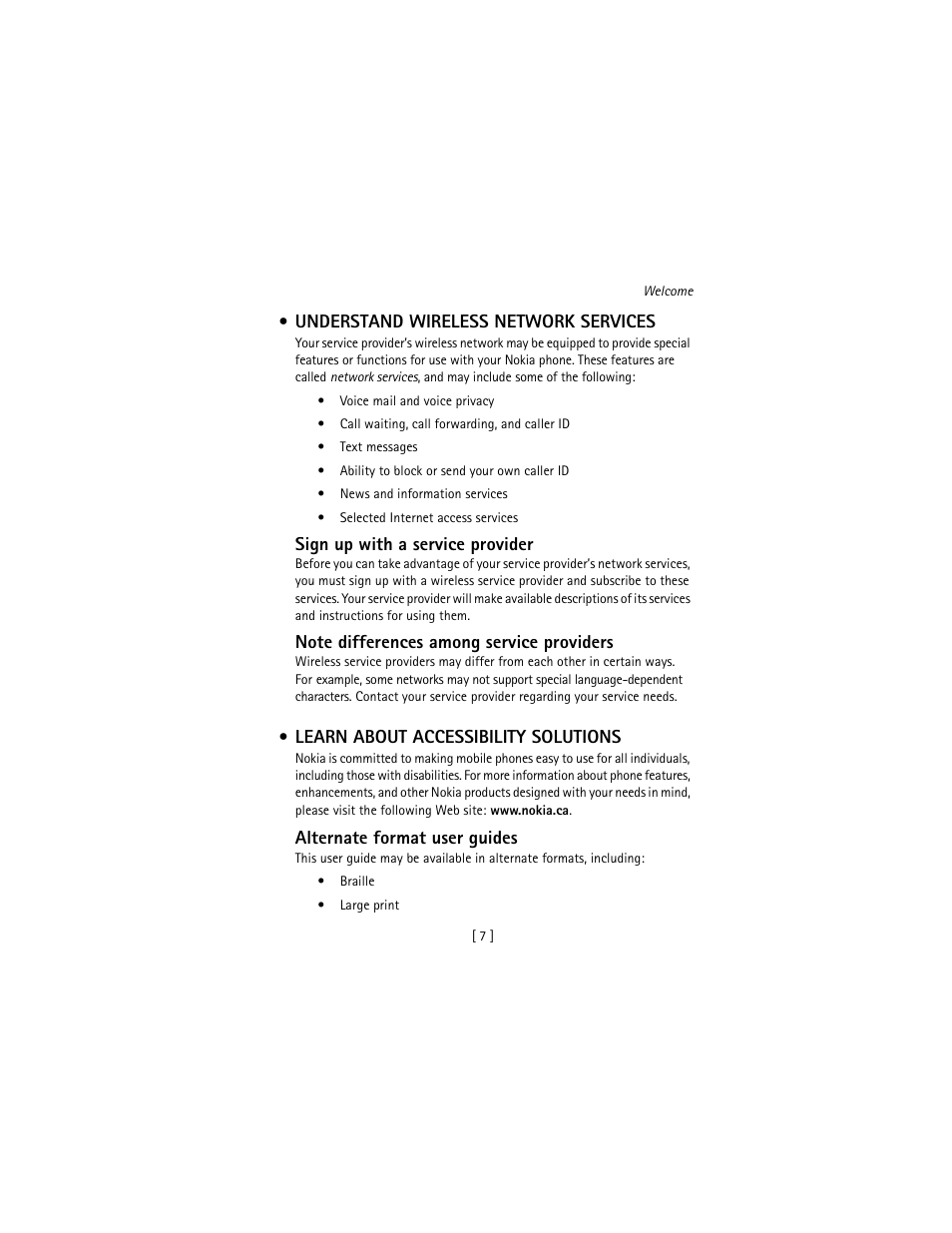 Understand wireless network services, Learn about accessibility solutions | Nokia 3586I User Manual | Page 16 / 177