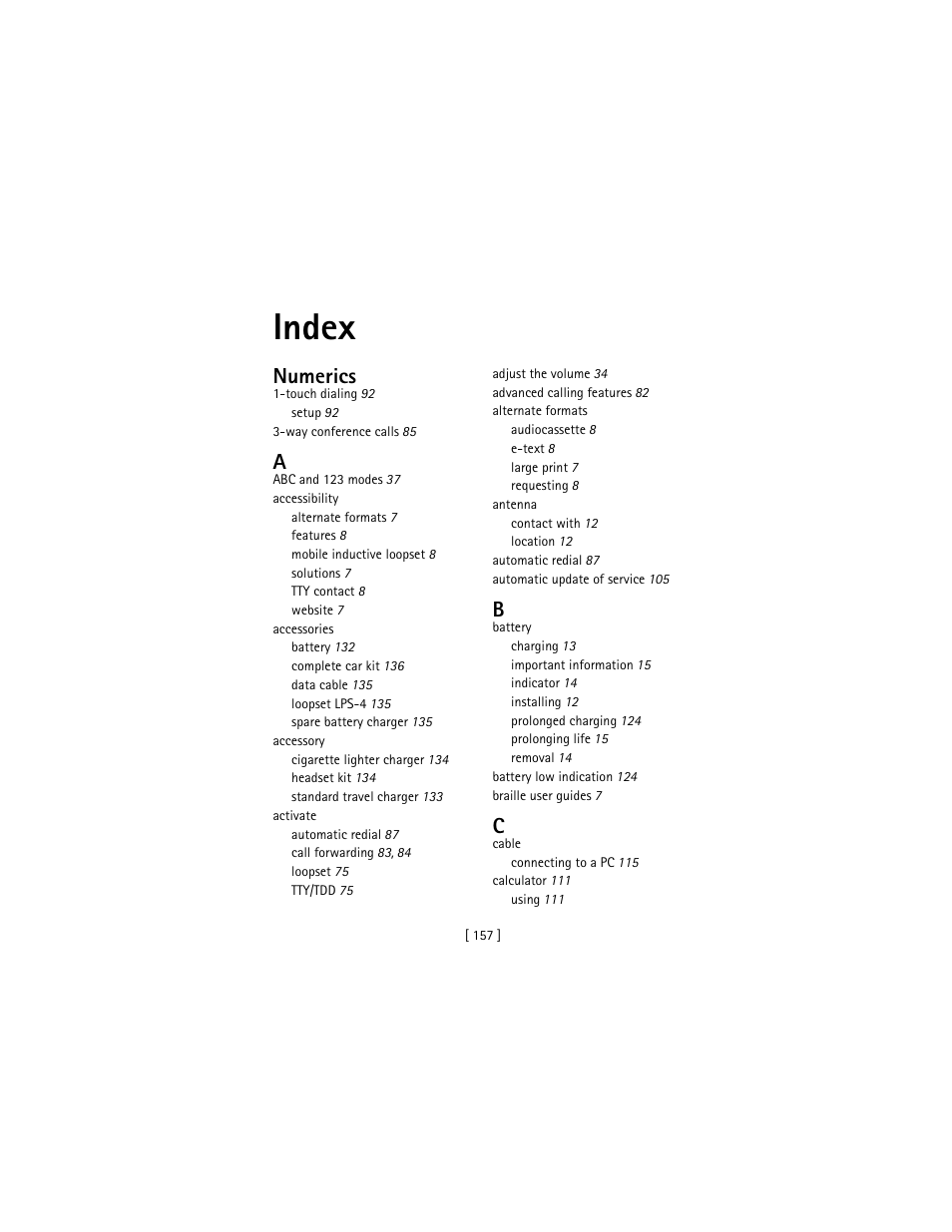Index, Numerics | Nokia 3586I User Manual | Page 166 / 177