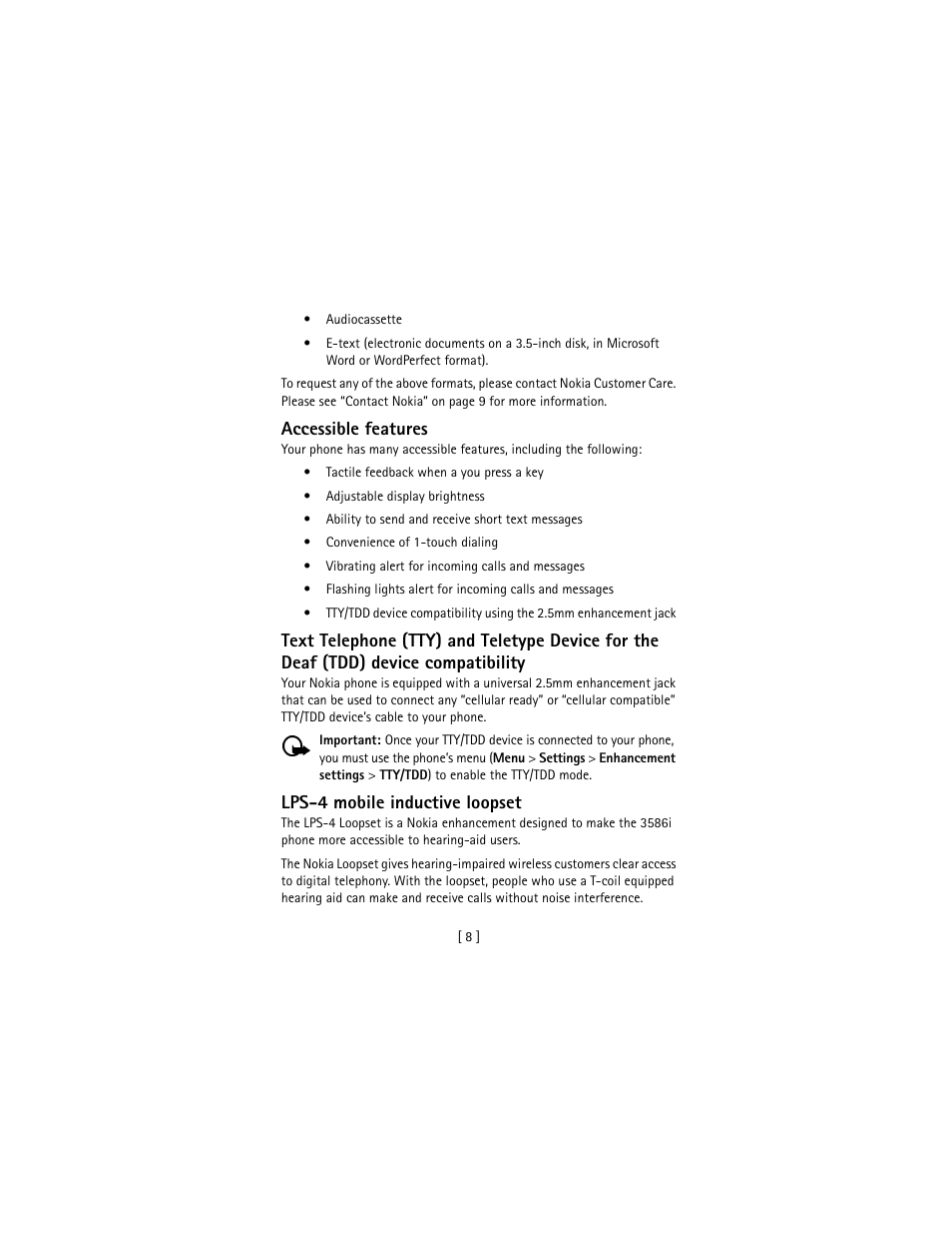 Accessible features, Lps-4 mobile inductive loopset | Nokia 3586I User Manual | Page 17 / 177