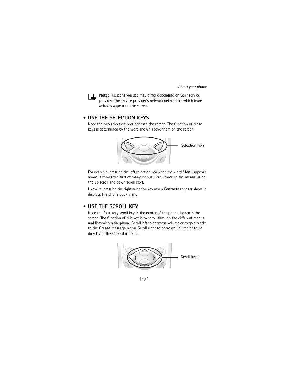 Use the selection keys, Use the scroll key, Use the selection keys use the scroll key | Nokia 3586I User Manual | Page 26 / 177