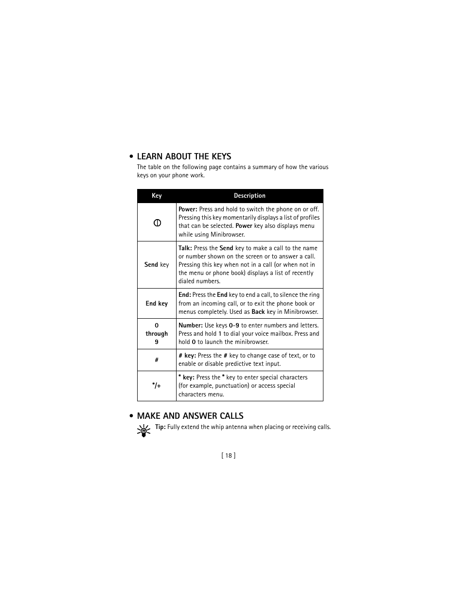 Learn about the keys, Make and answer calls, Learn about the keys make and answer calls | Nokia 3586I User Manual | Page 27 / 177