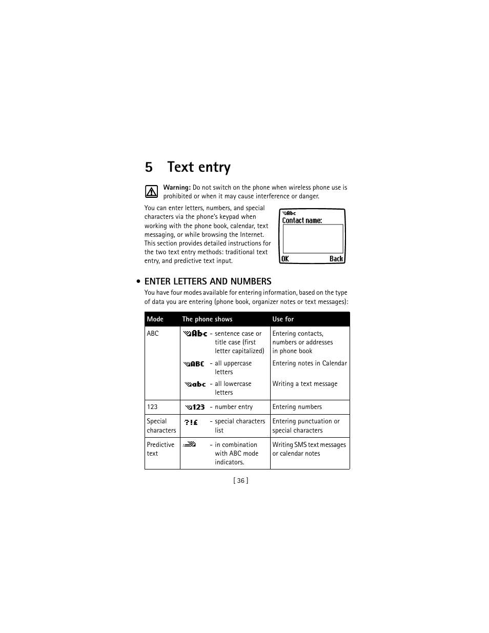 5 text entry, Enter letters and numbers, Text entry | 5text entry | Nokia 3586I User Manual | Page 45 / 177