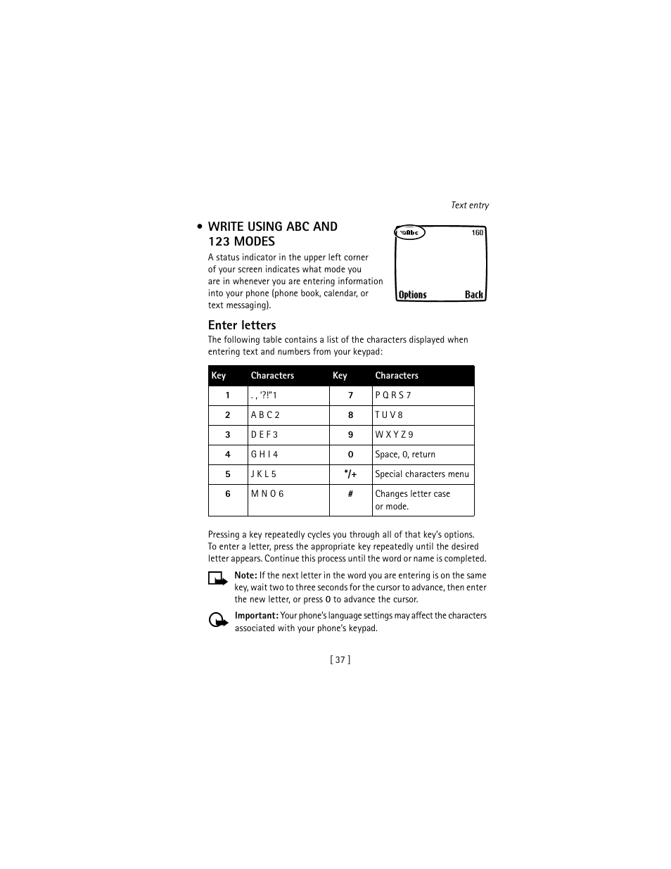 Write using abc and 123 modes, Enter letters | Nokia 3586I User Manual | Page 46 / 177