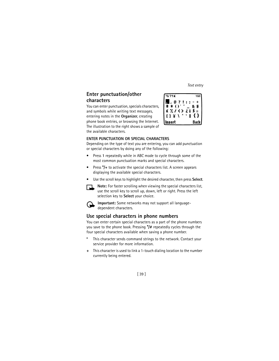 Enter punctuation/other characters, Use special characters in phone numbers | Nokia 3586I User Manual | Page 48 / 177
