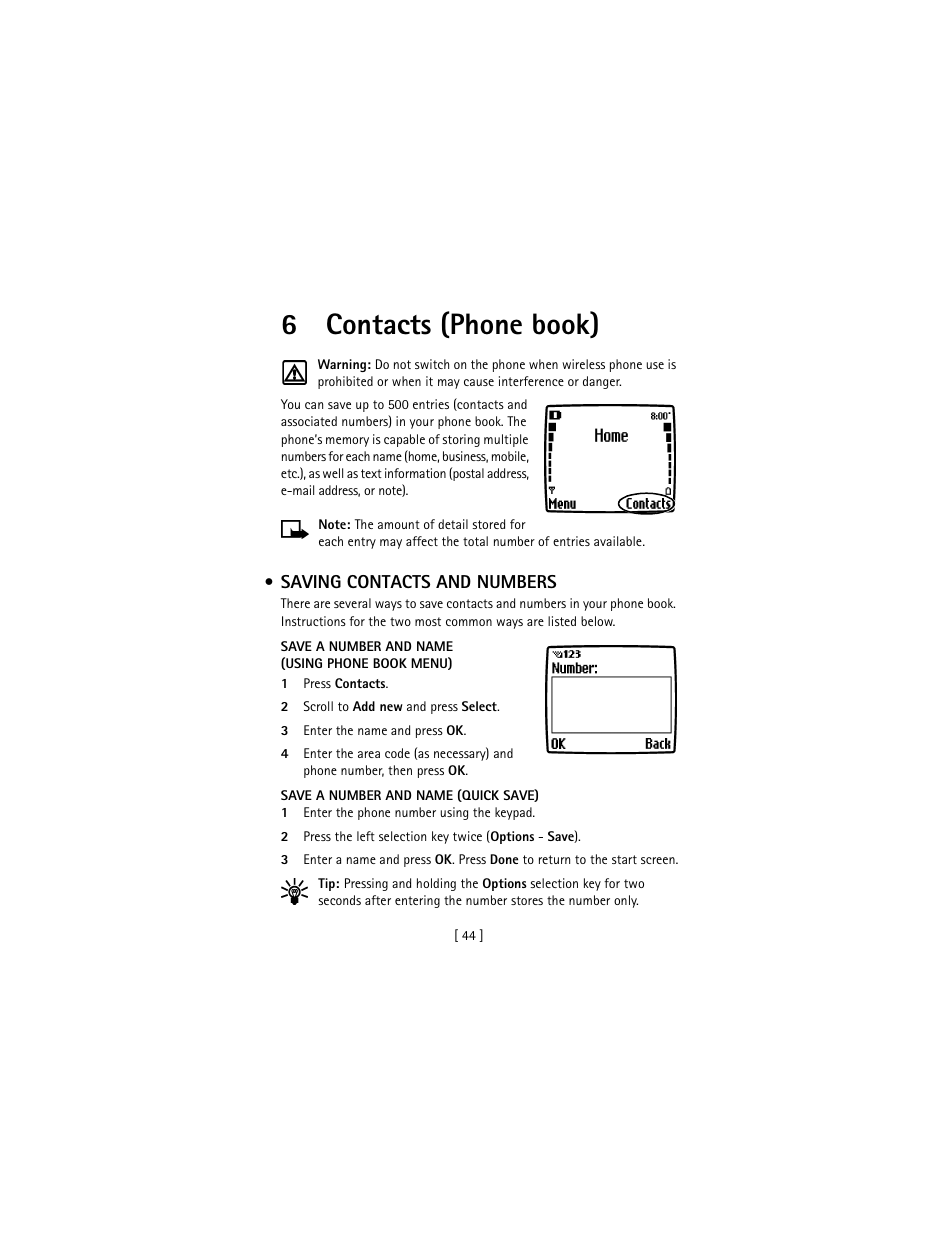 6 contacts (phone book), Saving contacts and numbers, Contacts (phone book) | 6contacts (phone book) | Nokia 3586I User Manual | Page 53 / 177