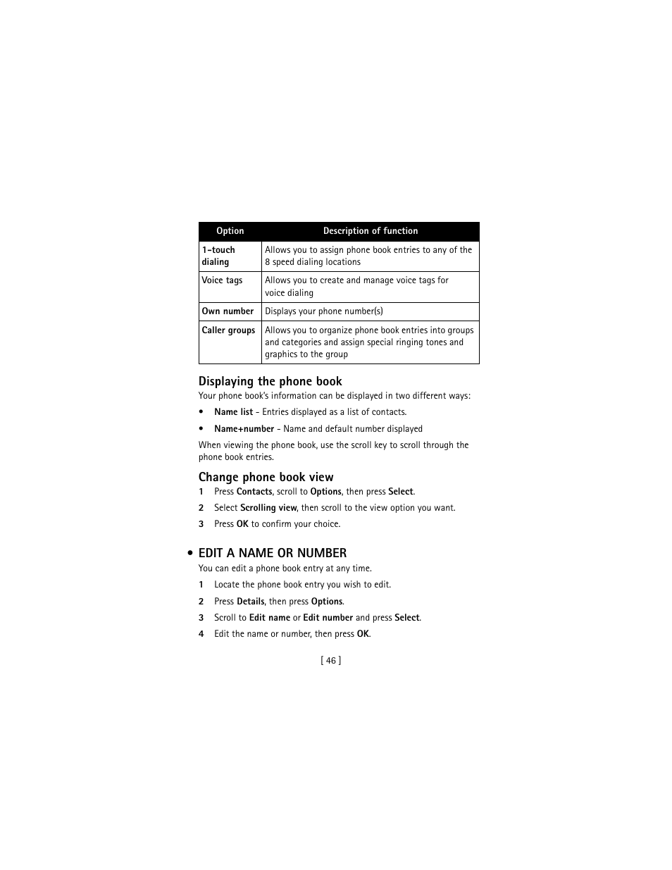 Edit a name or number, Displaying the phone book, Change phone book view | Nokia 3586I User Manual | Page 55 / 177