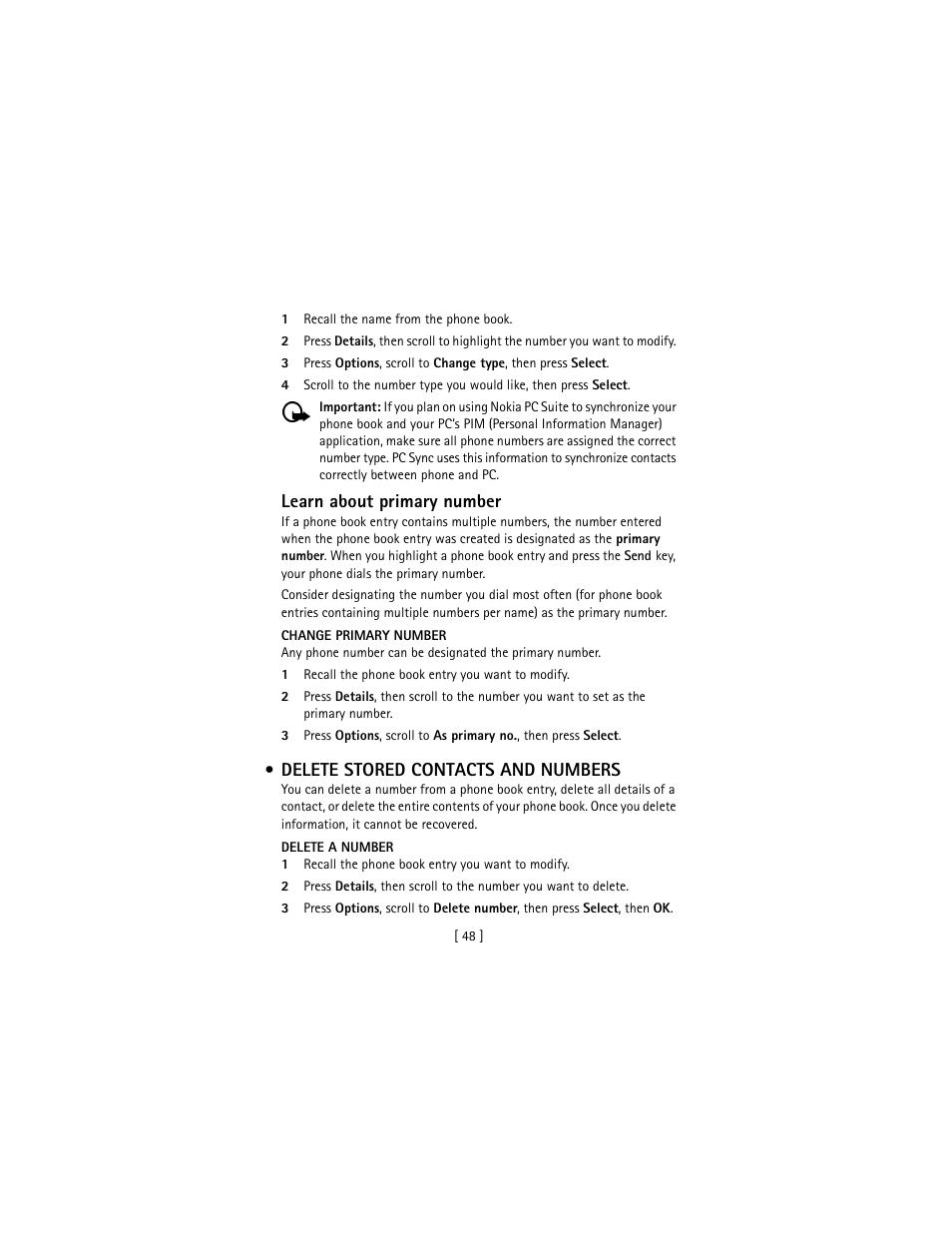 Delete stored contacts and numbers, Learn about primary number | Nokia 3586I User Manual | Page 57 / 177