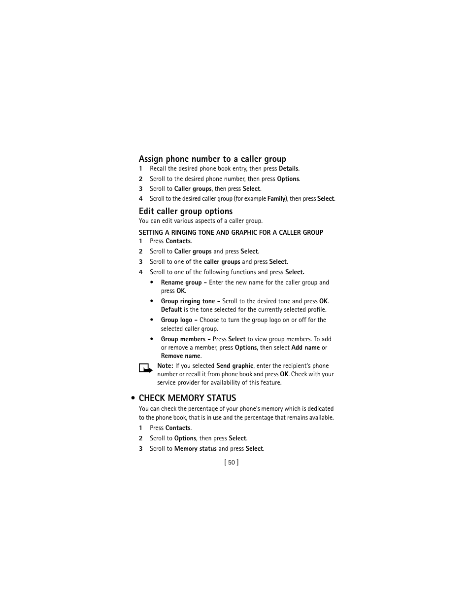 Check memory status, Assign phone number to a caller group, Edit caller group options | Nokia 3586I User Manual | Page 59 / 177
