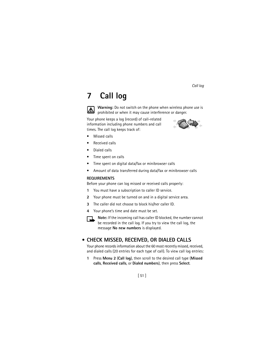 7 call log, Check missed, received, or dialed calls, Call log | 7call log | Nokia 3586I User Manual | Page 60 / 177
