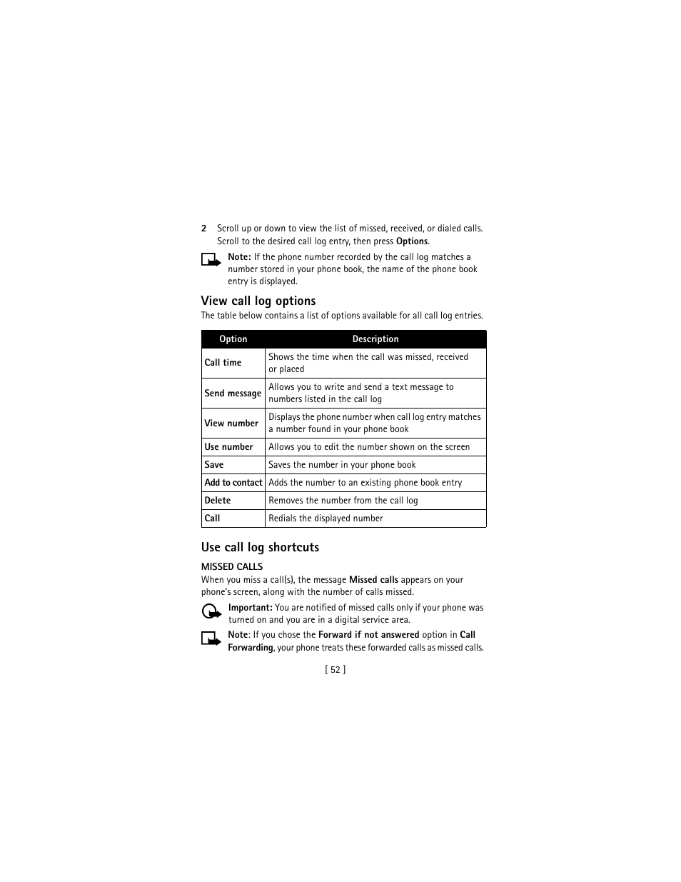 View call log options, Use call log shortcuts | Nokia 3586I User Manual | Page 61 / 177
