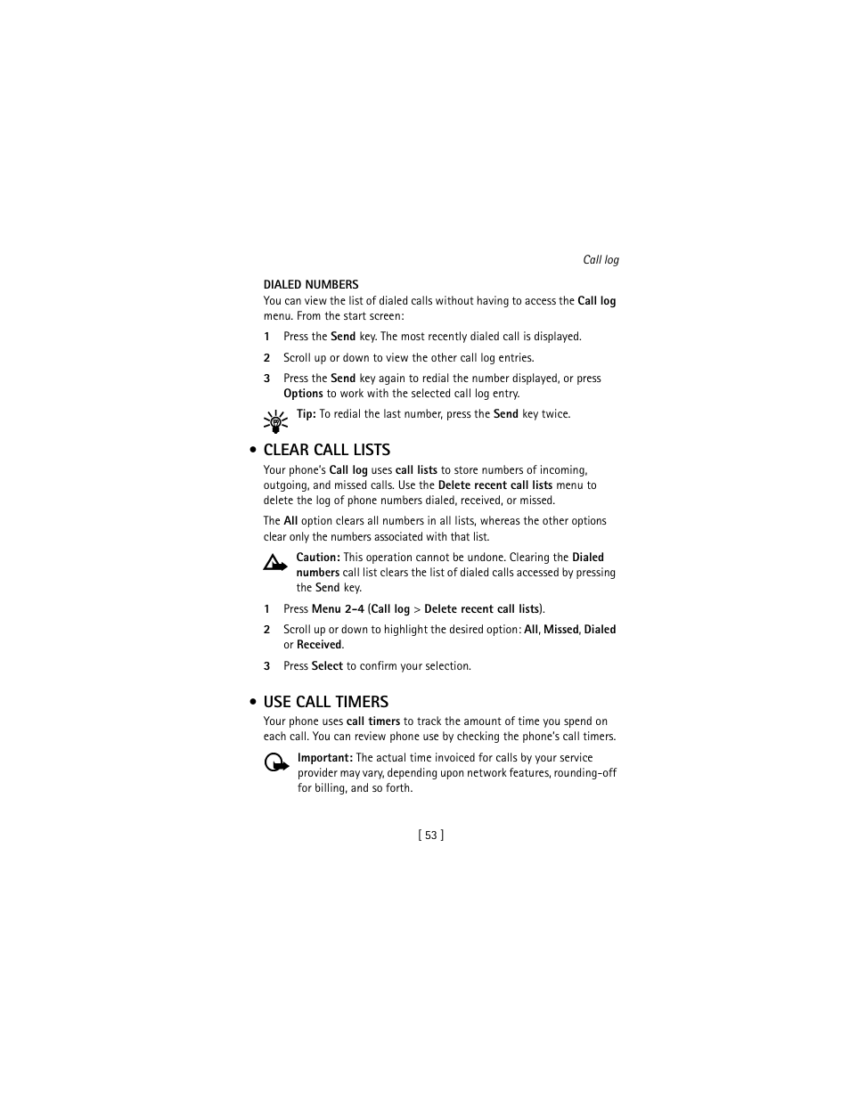 Clear call lists, Use call timers, Clear call lists use call timers | Nokia 3586I User Manual | Page 62 / 177