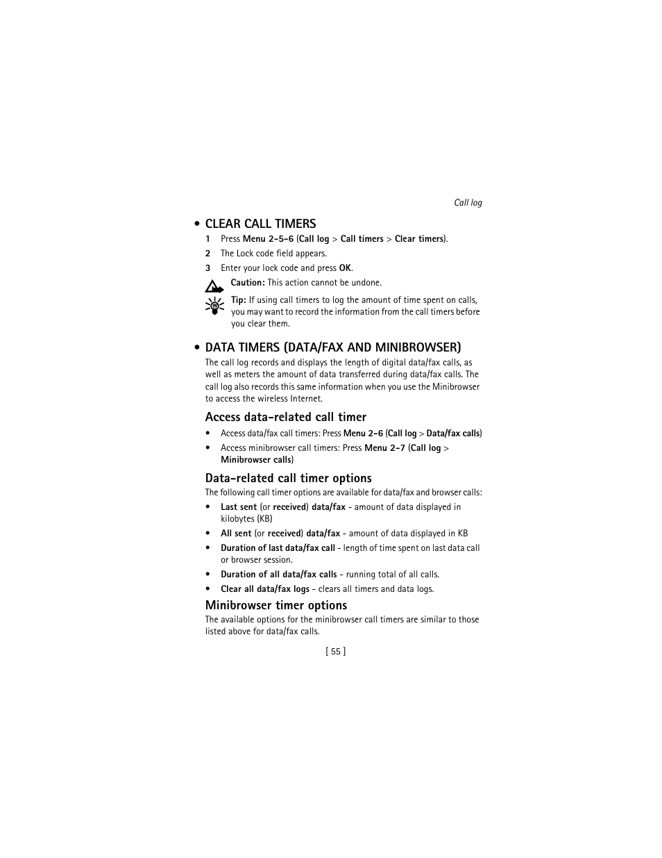 Clear call timers, Data timers (data/fax and minibrowser) | Nokia 3586I User Manual | Page 64 / 177