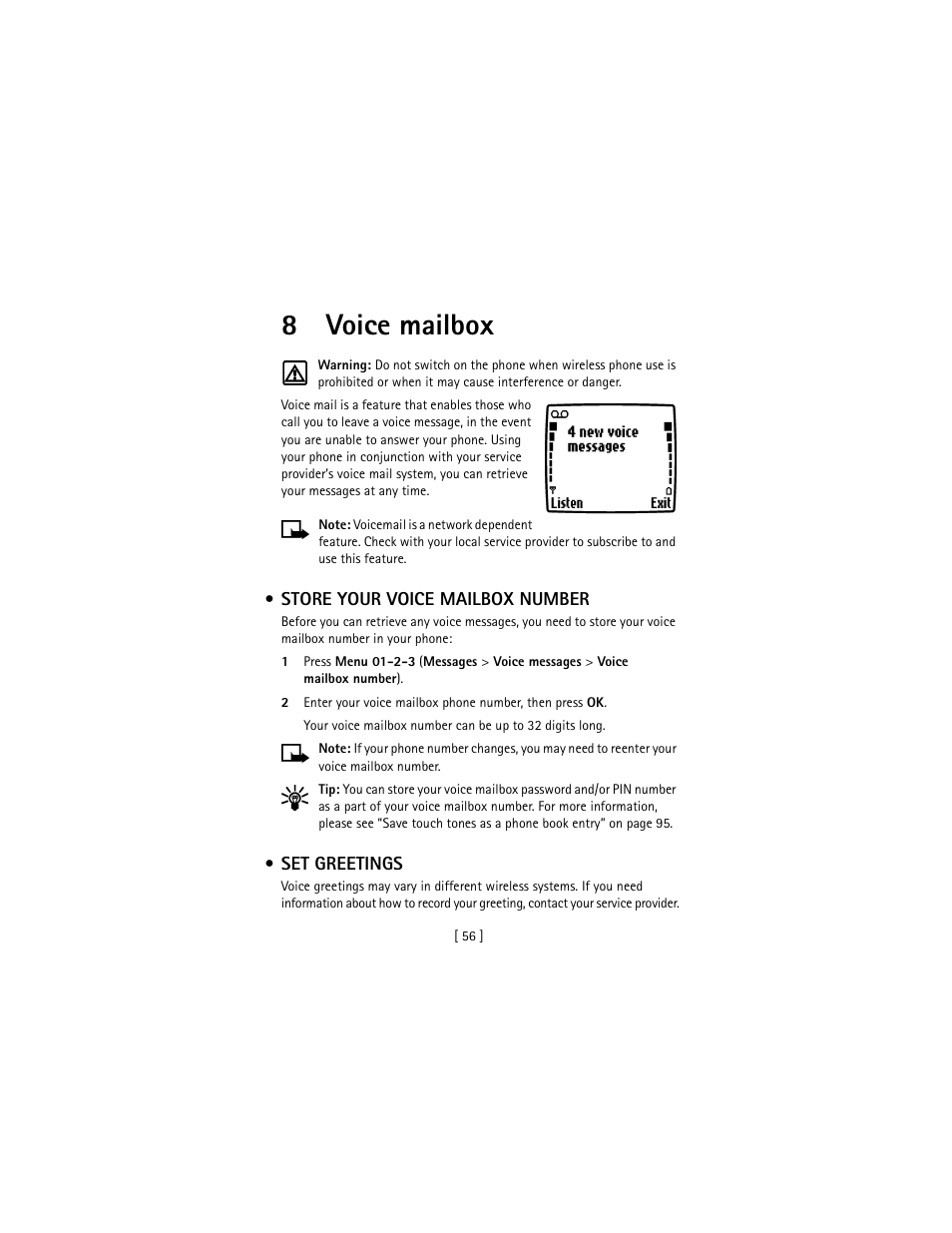 8 voice mailbox, Store your voice mailbox number, Set greetings | Voice mailbox, Store your voice mailbox number set greetings, 8voice mailbox | Nokia 3586I User Manual | Page 65 / 177