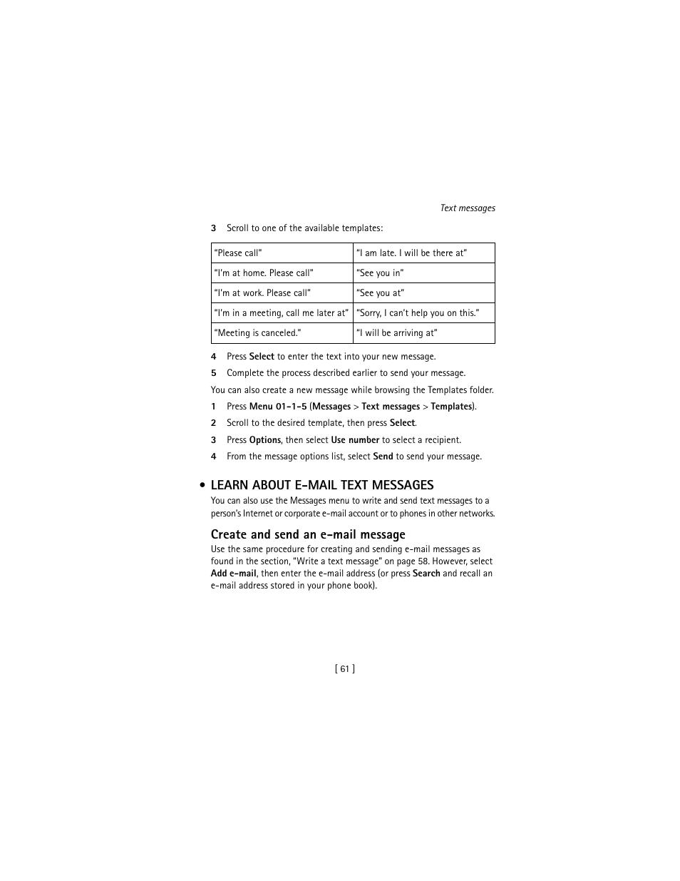 Learn about e-mail text messages, Create and send an e-mail message | Nokia 3586I User Manual | Page 70 / 177