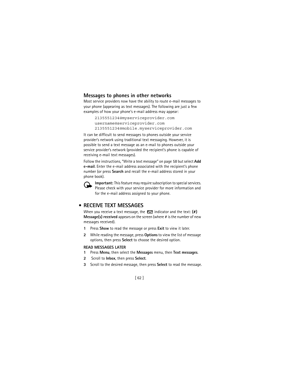 Receive text messages, Messages to phones in other networks | Nokia 3586I User Manual | Page 71 / 177