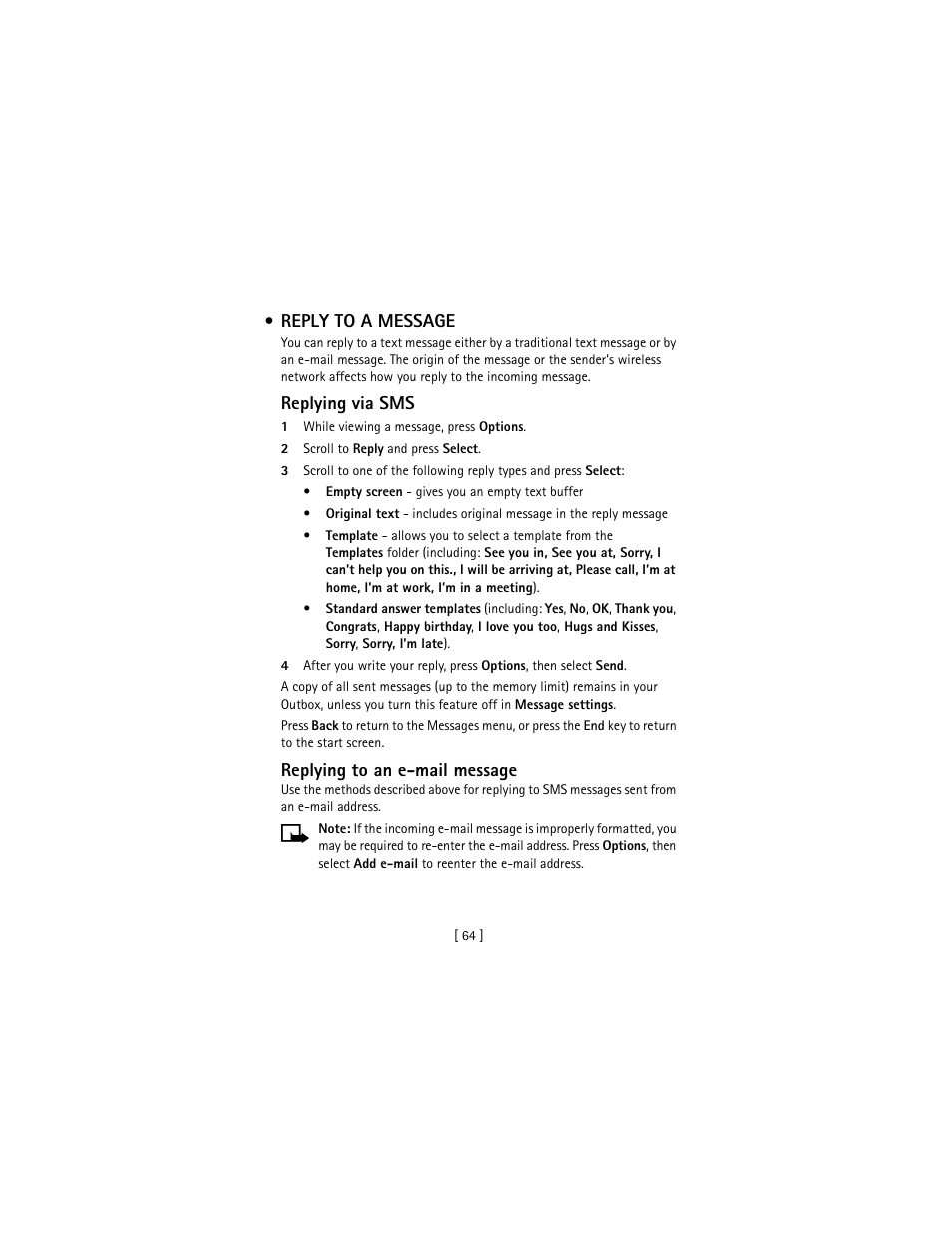 Reply to a message, Replying via sms, Replying to an e-mail message | Nokia 3586I User Manual | Page 73 / 177