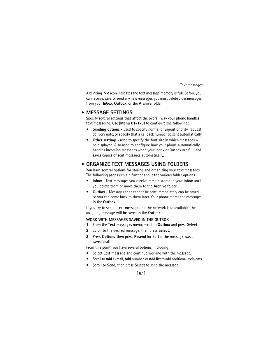 Message settings, Organize text messages using folders | Nokia 3586I User Manual | Page 76 / 177