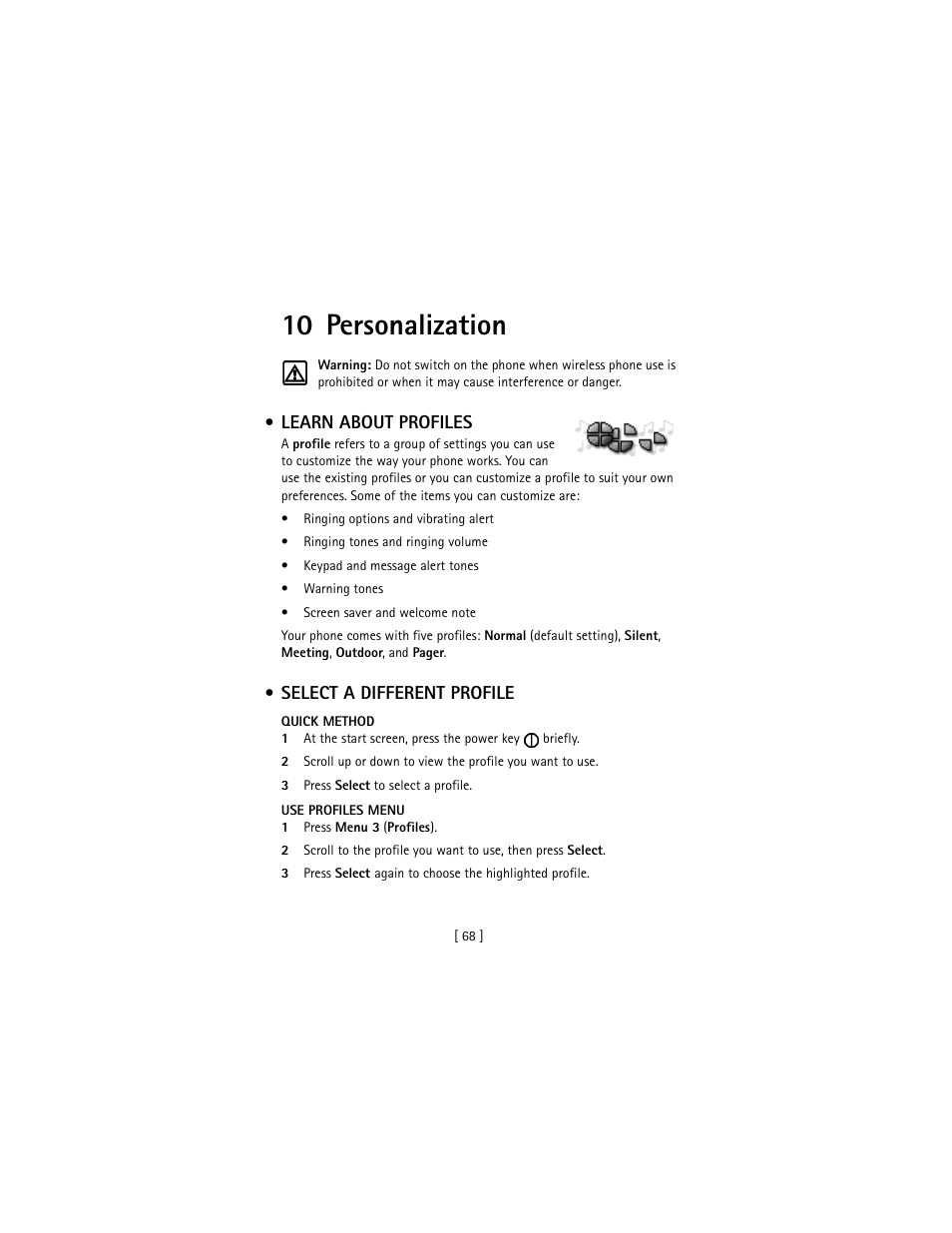 10 personalization, Learn about profiles, Select a different profile | Learn about profiles select a different profile | Nokia 3586I User Manual | Page 77 / 177